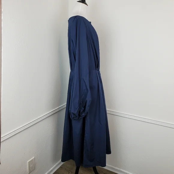 Eshakti Dress Bishop Sleeve Cotton Poplin Pleated Navy Blue Modest Classic Midi - Picture 11 of 15